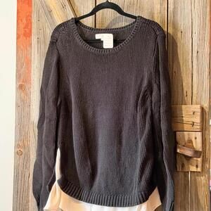 Ann Taylor LOFT Black Knit Sweater with White Layered Hem XL